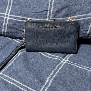Michael Kors Navy Leather Wristlet with Gold Accents